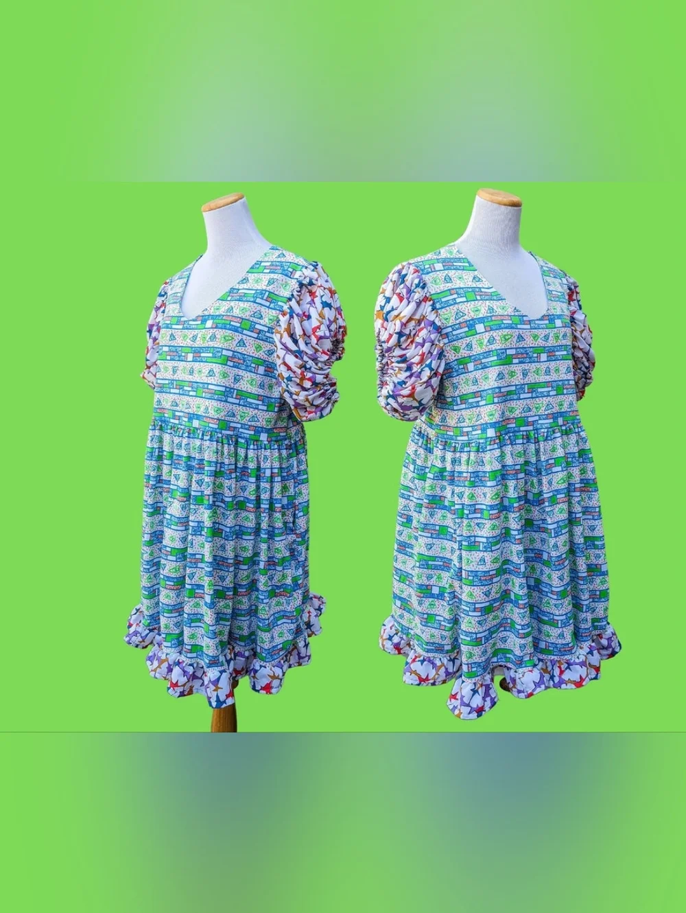 Handmade, upcycled retro, groovy patterned fabric dress Size L - Picture 5 of 8